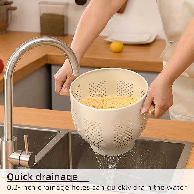 Metal Colander with Wood Handle and Stable Base, 5.5 Quart Powder Coated Steel Kitchen Strainer Basket for Draining Pasta, Vegetable and fruit,Cream