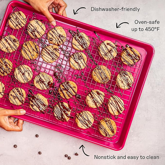 Great Jones Big Chill Wire Cooling Rack (Raspberry) – 16.9" × 11.4" Heavy-Weight Aluminized Steel,Nonstick Baking Rack – Oven Safe 450 °F, Bacon & Cookie Cooling Rack – Fits Half Sheet Pans