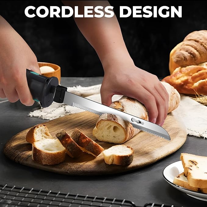 HAUSHOF Cordless Electric Knife Set for Meat Slicing, 8V Electric Carving Knife for Fish, Bread, Turkey, Rechargeable Meat Cutter with Reciprocating Stainless Steel Blades, Safety Lock & Storage Case