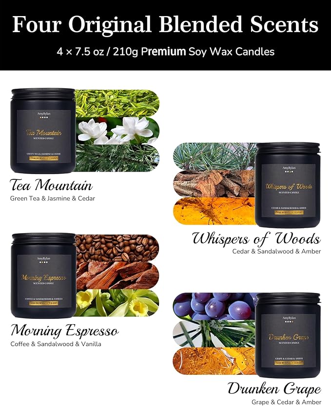Scented Candle for Home, Wooden Wick Candle for Men, Masculine Candle 30oz Soy Wax, 220 Hours of Burn Time, Aromatherapy Gift for Boyfriend, Husband, Dad, Brother, Boss, A Thoughtful Gift, Pack of 4