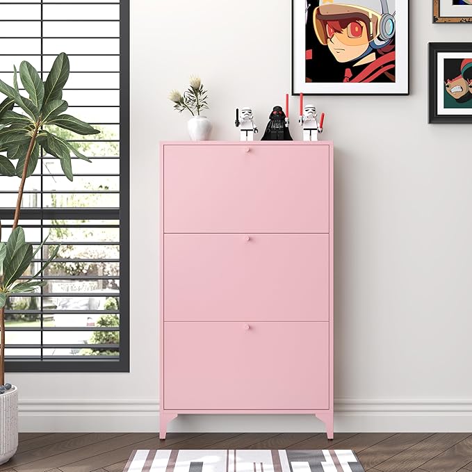 Shoe Cabinet with 3 Flip Drawers, Narrow Shoe Storage Cabinet, Farmhouse Shoe Organizer, Freestanding Organizer with Metal Legs for Entryway, Foyer (3 Door, Pink)