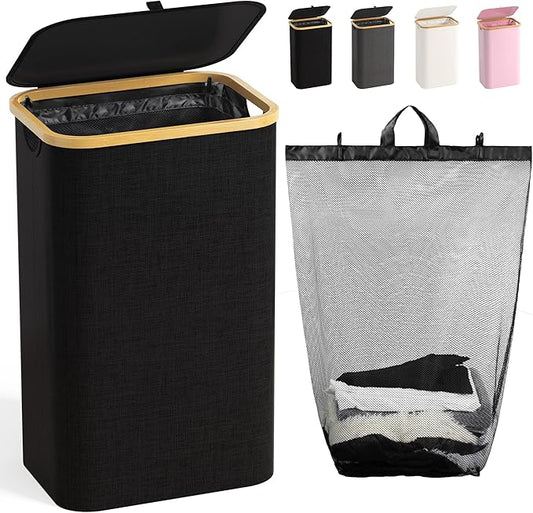 100L Laundry Hamper with Lid, Large Laundry Basket with Bamboo Handles, Clothes Hampers for Laundry with Removable Bag, Dirty Clothes Hampers for Bedroom Aesthetic, Black