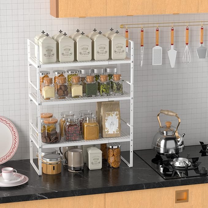Redrubbit Expandable Cabinet Storage Shelf, Adjustable Height Steel Metal Kitchen Counter Organizers Shelves Spice Rack for Kitchen Pantry Bathroom Cupboard Desk Home Office, White-3 Pack