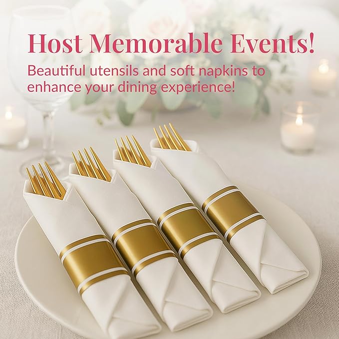 Prestee 400 Piece Pre Rolled Gold Plastic Silverware Set for 100 Guests - Disposable Silverware Set with Napkins for Weddings and Events - Wrapped Forks, Spoons and Knives with Elegant Gold Finish