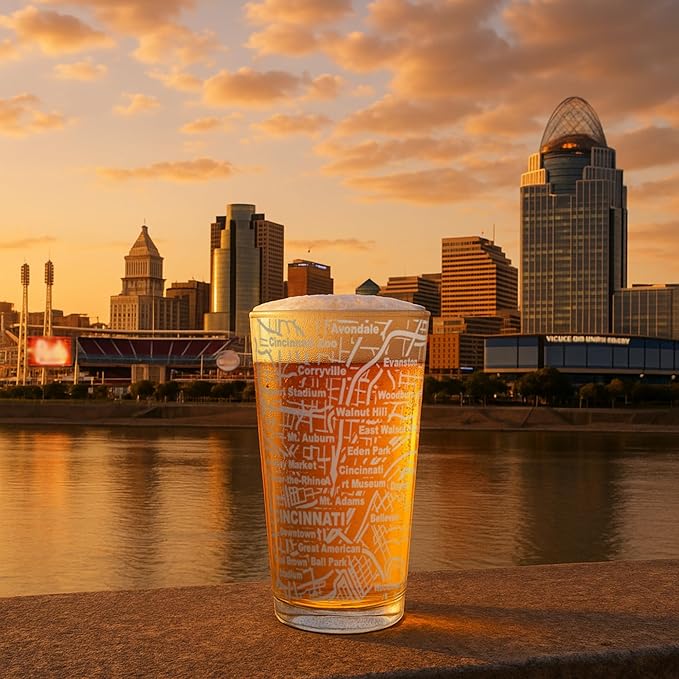 Greenline Goods – Cincinnati, OH Map Pint Beer Glasses (Set of 2), 16 oz – Etched Wrap Design