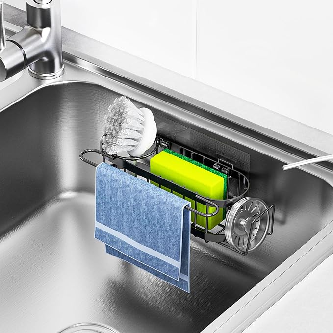 Cisily 3-in-1 Sponge Holder for Kitchen Sink Caddy (Hanging&Adhesive), Stainless Steel Movable Brush Holder + Dish Cloth Hanger, Hanging Sink Caddy Organizer, in Sink Organizer Accessories Rack