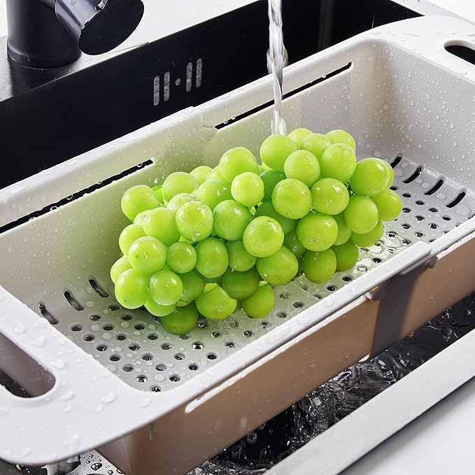 VECELO Expandable Over the Sink Colander Strainer Basket, Kitchen Strainers and Colanders for Washing Vegetables and Fruits, Draining Cooked Pasta, Drying Dishes, Gray