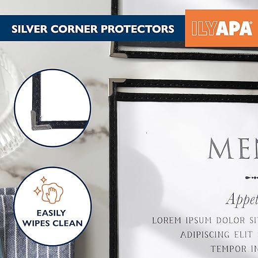 Ilyapa 30 Pack of Menu Covers 11 X 17 - Single Page, 2 View, Restaurant Menu Covers, Double Stitched Sleeves 11x17 Clear Plastic Sleeves