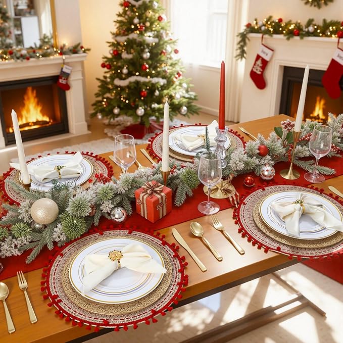 175PCS White and Gold Plastic Plates - Christmas Plates with Rolled Napkins for Party - 25Guest Disposable Dinnerware Sets for Party/Christmas/Wedding