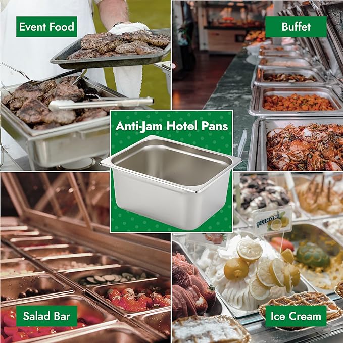 HECMAC 6 Pack Anti-Jam Hotel Pans, 1/2 Size 6 Inch Deep, Heavy Duty, Commercial Stainless Steel Chafing Steam Table Pan, Catering Storage Metal Food Pan, 23 Gauge