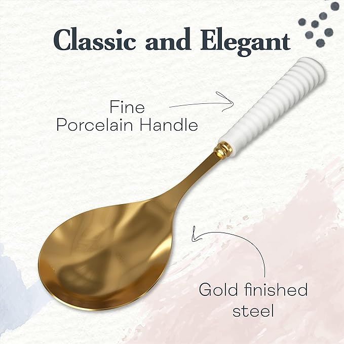 Portmeirion Sophie Conran White Serving Spoon - Stainless Steel Kitchen Utensil with Ceramic Ripple Handle, Elegant Cooking Tool for Pasta, Casseroles, Baking, Meal Prep & Dining Essentials