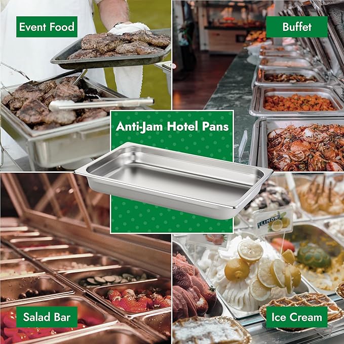 HECMAC 6 Pack Anti-Jam Hotel Pans, Full Size 2 1/2 Inch Deep, Commercial Stainless Steel Chafing Steam Table Pan, Catering Storage Metal Food Pan, 23 Gauge
