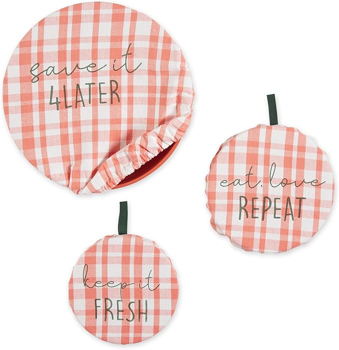 DII Reusable Cloth Bowl Cover Collection Machine Washable, Cotton with Elastic Stretch for Food Storage, 10.25"/8.25"/7.5" Diameter, Plaid Coral, 3 Piece