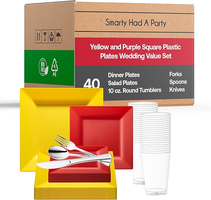 Elegant Disposable Plastic Dinnerware Set, Heavy Duty Plastic Plates (Yellow and Red, Wedding Value Set (40 Guests))