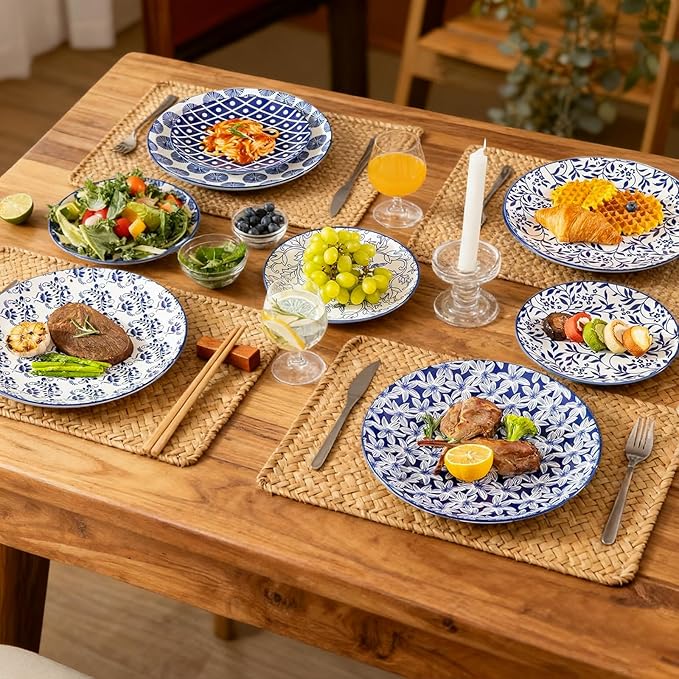 Sweejar 18 Pieces Ceramic Dinnerware Sets, Handmade Plates and Bowls Sets, Highly Scratch Resistant Dishes Set for Kitchen,Porcelain Dishwasher & Microwave Safe Dishes Set,Service for 6 (Vintage Blue)