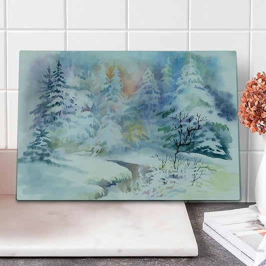 Ambesonne Winter Cutting Board, Watercolor Painting Interpretation of a Snowy Scene and Blurred Pattern, Decorative Tempered Glass Cutting and Serving Board, Large Size, Soft Blue