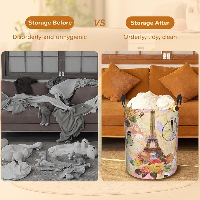 Eiffel Tower Collapsible Laundry Basket,Vintage Rose Butterfly Bedroom Waterproof Laundry Hamper,Bathroom Large Storage Bag,College Dormitory Living Room Nursery Organizer Toy Bin 16" x 20"