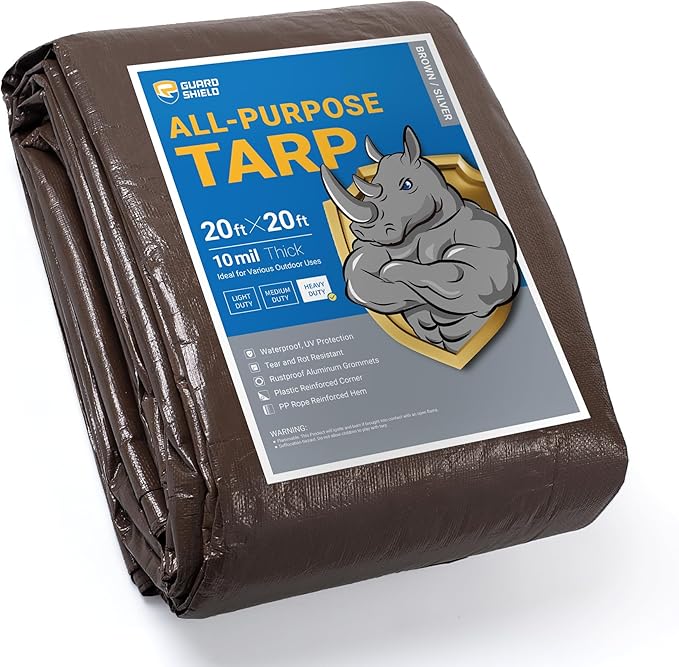 GUARD SHIELD Tarps Heavy Duty Waterproof 20x20 Feet Brown/Bright Silver Poly Tarp Cover Square Outdoor Thick UV Resistant Tarpaulin with Grommets 10mil
