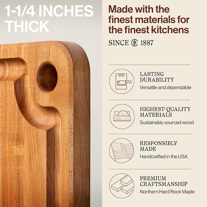 John Boos Prestige Series Rectangular Wooden Maple Cutting Board 22”x16” – 1.25” Thick, 13-lb Reversible Butcher Block with Juice Groove, Edge-Grain & Finger Grip Hole – Made in the USA
