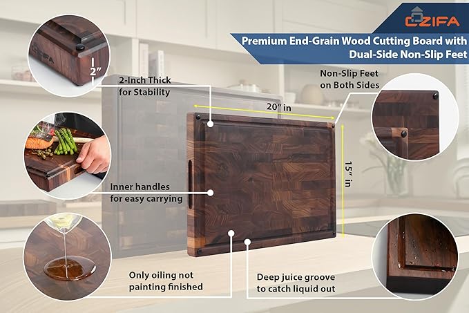American Black Walnut Wood Cutting Board 20"x15"x2"(Large and Thick) for Kitchen with Juice Groove, Inner Handles, End Grain Butcher Block Finished with Linseed Oil, Beeswax, Lemon Oil, Giftbox