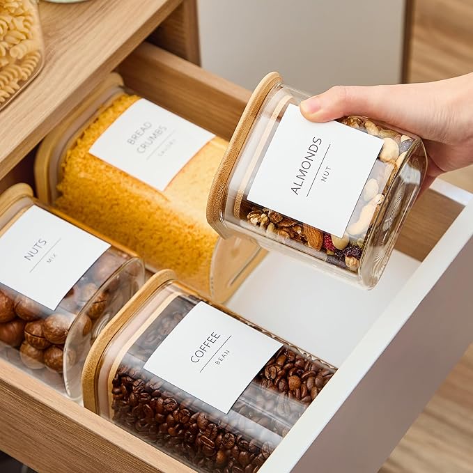 Talented Kitchen Square Glass Food Storage Containers - Airtight & Labeled Glass Kitchen Storage Containers - Space-Saving Stackable Square Pantry Jars - Pack of 6, 24/37/51 fl oz