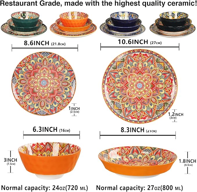 Mandala Dinnerware Sets (16 PCS) Serves for 4, Porcelain Dishes Set, Microwave and Dishwasher Safe, Scratch Resistant, Bohemian Style Dining Ware Service for 4, Colorful No.1