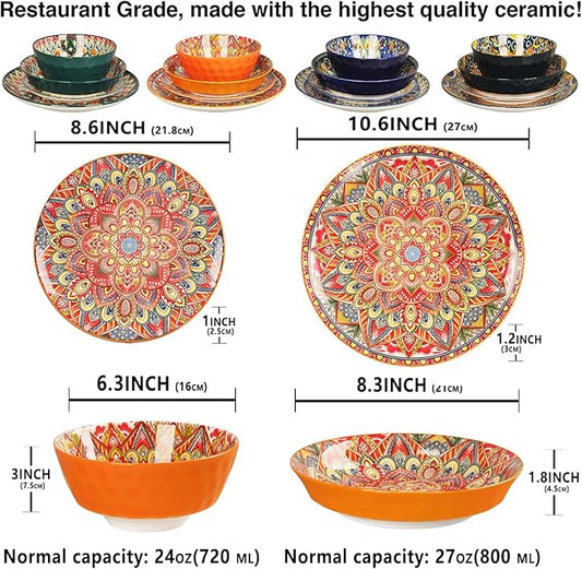 Mandala Dinnerware Sets (16 PCS) Serves for 4, Porcelain Dishes Set, Microwave and Dishwasher Safe, Scratch Resistant, Bohemian Style Dining Ware Service for 4, Colorful No.1