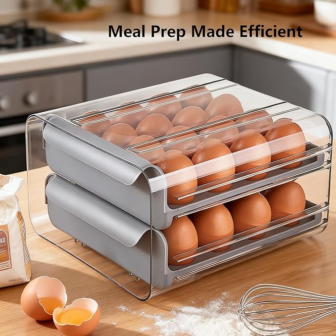 Egg Container Holders Dispenser for Refrigerator 32 Eggs, 2 Tier Clear Stackable Holder Tray with Drawer for Fridge, Egg Drawer for Refrigerator, Egg Tray Countertop (Grey)