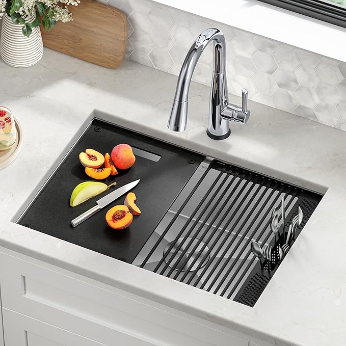 DELTA FAUCET Rivet 27-Inch Workstation Kitchen Sink Undermount 16 Gauge Stainless Steel Single Bowl with WorkFlow Ledge and Chef’s Kit of 6 Accessories, 95B931-27S-SS