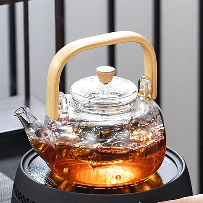Glass Teapot,1000ml Large Capacity Multifunctional Borosilicate Teapot with Bamboo HandleTeapot with Removable Loose Tea Infuser,Glass Tea Pot Gas & Electric Stovetop Safe.（No heater included）