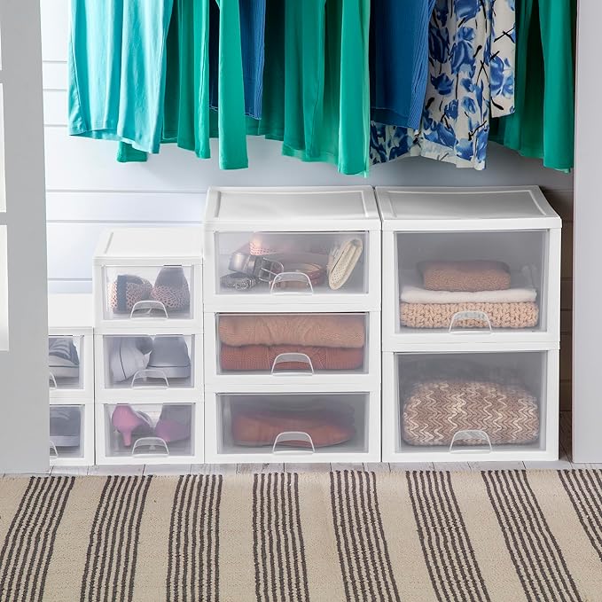 Sterilite 6-Pack 16 Quart Stacking Drawer, Clear Storage Closet Organizer, White Frame - Stackable Modular Plastic Drawers for Clothes, Accessories, Craft Supplies, Shoes or Linens