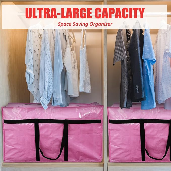 4 Pcs 66 Gallon Large Moving Bags with Zipper and Handles Foldable Storage Duffle Bags Heavy Duty Extra Large Totes for College Dorm Travel Clothes Blankets Bedding Moving (Pink)