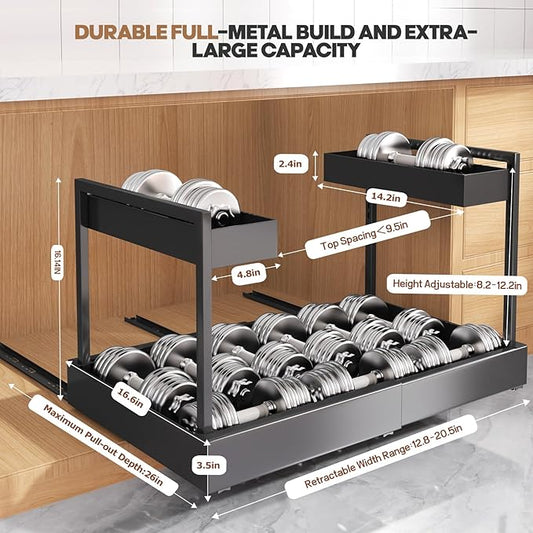 Expandable Under Sink Organizer with 3 Ball-Bearing Slide Rails , 2-Tier Pull-Out Under Cabinet Storage Shelf for Kitchen & Bathroom , Height-Adjustable Slide-Out Cabinet Drawer （Black, 1-Pack）