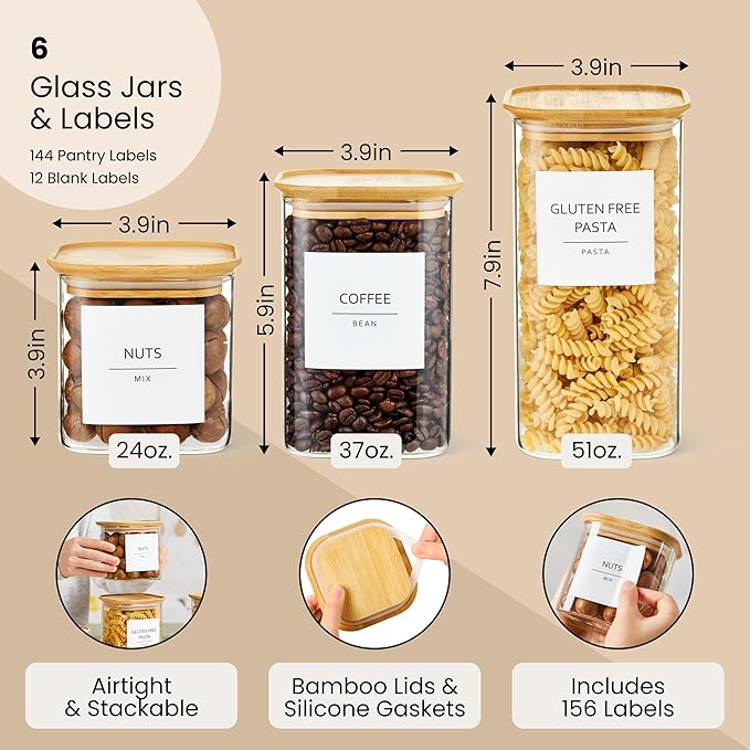 Talented Kitchen Square Glass Food Storage Containers - Airtight & Labeled Glass Kitchen Storage Containers - Space-Saving Stackable Square Pantry Jars - Pack of 6, 24/37/51 fl oz