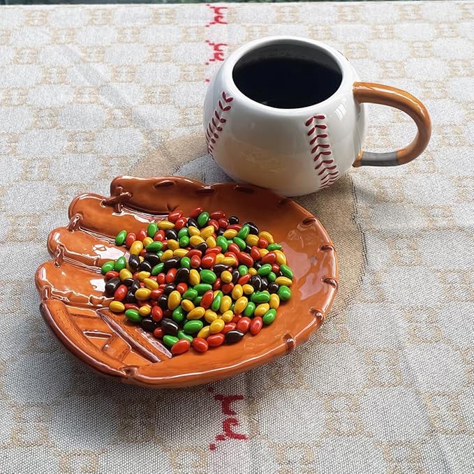 Ceramic Large Coffee Mug and Saucer set, 3D Handmade and Hand-painted Baseball and Gloves Design Tea Mug, 12oz