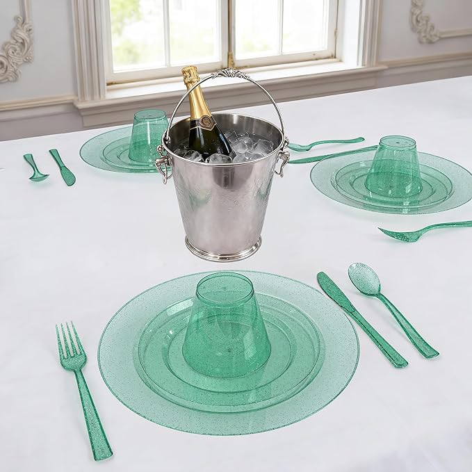 DaYammi 210PCS Green Glitter Plastic Dinnerware Set for 30 Guests, Fancy Disposable Plates for Party, Include: 30 Dinner Plates, 30 Dessert Plates, 30 Pre Rolled Napkins and 30 Cups