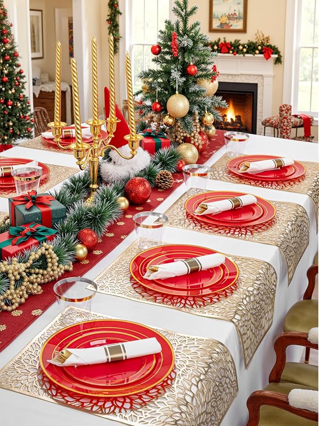 350Pieces Red Plastic Plates with Gold Rim Include 50Dinner Plate 10”, 50Dessert Plate 7”, 50 gold Cups 9 OZ, 50 Pre Rolled Napkins for Christmas Party