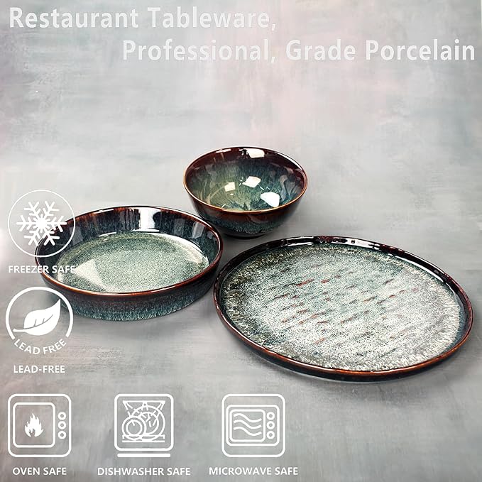 Dinner Set 12 Pieces - Round Reactive Glaze Tableware - Kitchen Dinnerware Porcelain Crockery with Dinner Plate, Bowl and Soup Plate Service for 4, Microwave Dishwasher Safe, Set (No.4)