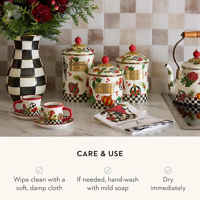 MACKENZIE-CHILDS Enamel Canister, Kitchen Storage Container with Lid, Medium, Deck the Halls