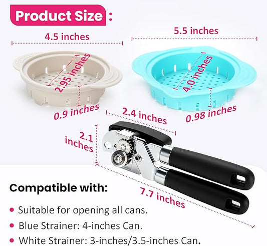 3 PCs Canning Tool Duo — 1 Pack Magnetic Can Opener Bundle with 2 Packs Can Strainers Fit for 3.0''|3.5''|4.0-inches Can | Quick Strain Can Strainers | Easy to Use | Essential Kitchen Gadgets