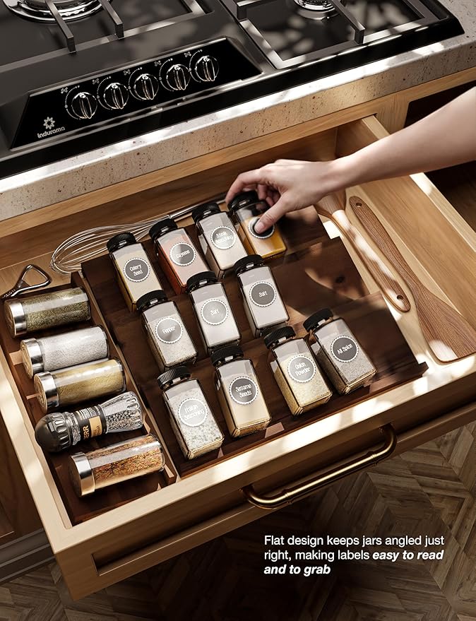 Tinamo Acacia Wooden Spice Rack Organizer for Cabinet - Spice Drawer Insert, Spice Organization for Cabinet, Seasoning Organizer, Spice Holder Pack of 8 (Walnut pack 4)