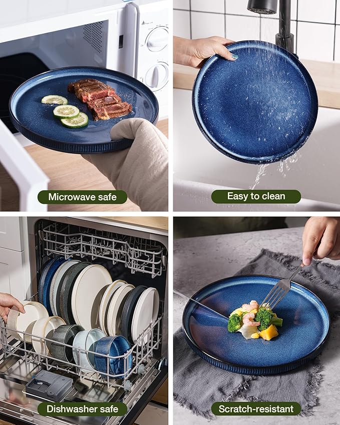Famiware Star Dinnerware Set with Mugs, Service for 4 (16pcs), Ribbed Stoneware Plates and Bowls Dishes Sets - Chip & Scratch Resistant, Microwave & Dishwasher Safe, Nebulas Blue