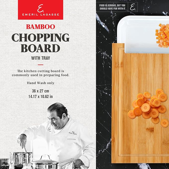 Emeril Lagasse Bamboo Cutting Board with Multi-Function Pull-Out Platter - Great Gift for Mother's Day, Anti-Skid and Hangable