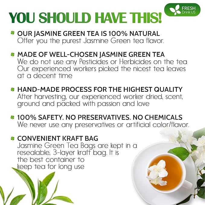FreshDrinkUS, Premium 40 Jasmine Green Tea Bags, 100% Natural & Pure from Jasmine Green Herbal Tea. Made with Natural Material Tea Bags. No Sugar, No Gluten, Vegan.