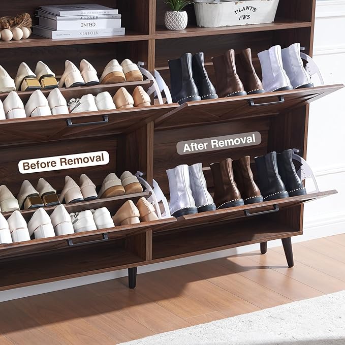 Shoe Storage Cabinet,Farmhouse Shoe Organizer with 4 Flip Drawers & Barn Door Design,Freestanding Hidden Slim Narrow Shoe Rack Cabinet with Open Shelves for Entryway,Foyer,Hallway,Walnut