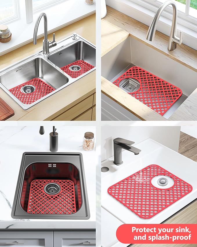 2 Pack Silicone Sink Protectors for Kitchen Sink, Lozenge Pattern 13 x 11 Inches Sink Mat, Non-Slip and Durable Sink Protector Silicone, Rear Drain, Red