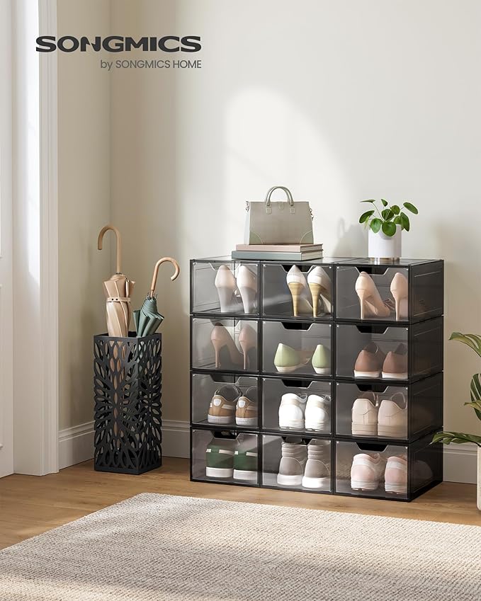 SONGMICS Shoe Boxes, Clear Shoe Organizers, Set of 12, Plastic Shoe Storage with Clear Door, Easy Assembly, up to US Size 13, Transparent Black ULSP032B12