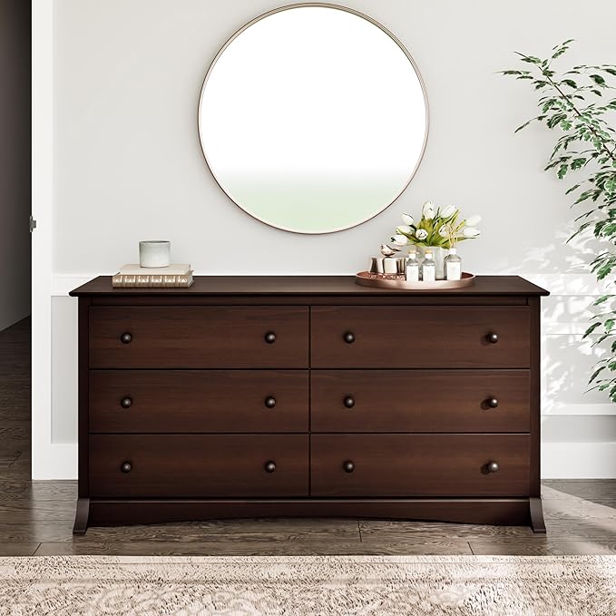 Prepac Sonoma 6-Drawer Double Dresser for Bedroom, Wide Chest of Drawers, Traditional Bedroom Furniture, 59" wide x 17.5" deep x 29" tall, Espresso