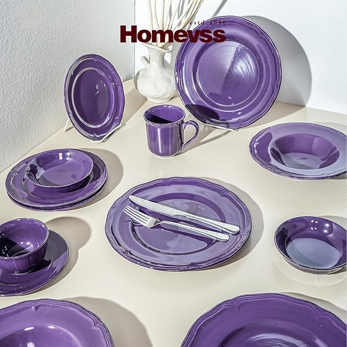 56pc Dinnerware Set, Plate and Bowl Set, Stoneware Dishes Set for 8, Microwave and Dishwahser Safe, Scratch Resistant, French Countryside Speckled Antique Purple