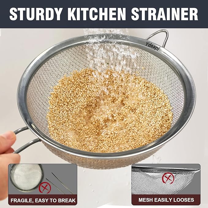 8.6" Large Fine Mesh Strainer with Handle, Metal Food Strainers for Kitchen, Sieve Fine Mesh Stainless Steel for Rice, Quinoa, Pasta, Noodles